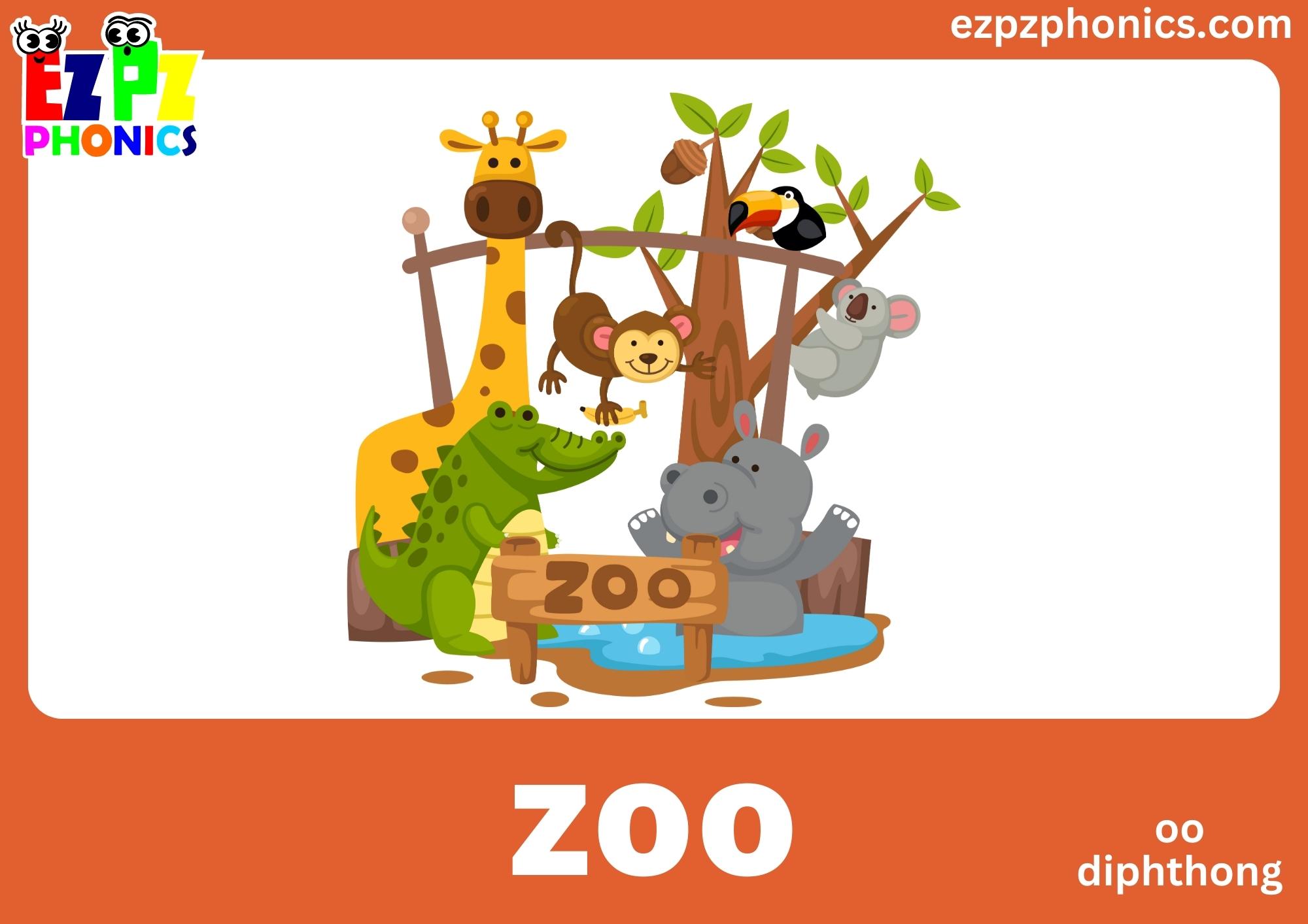 OO Diphthong Words Phonics Flashcards with Images and Words Free Printable PDF or View Online For Teachers and Parents to Teach Kindergarten and Preschool Children  